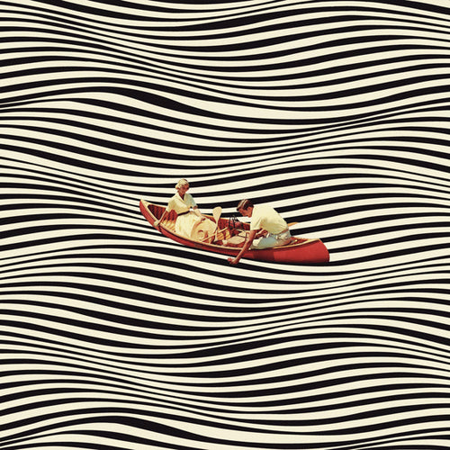 Abstracte kunst: rode kano op optische golven