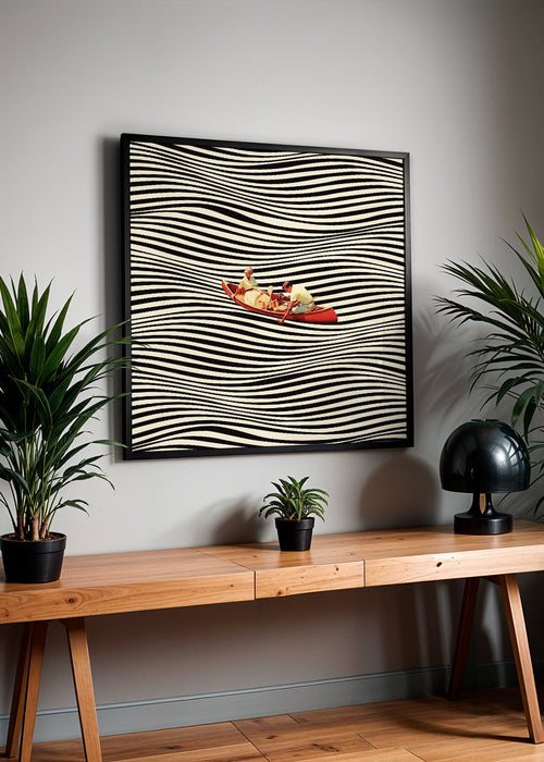 Abstracte kunst: rode kano op optische golven
