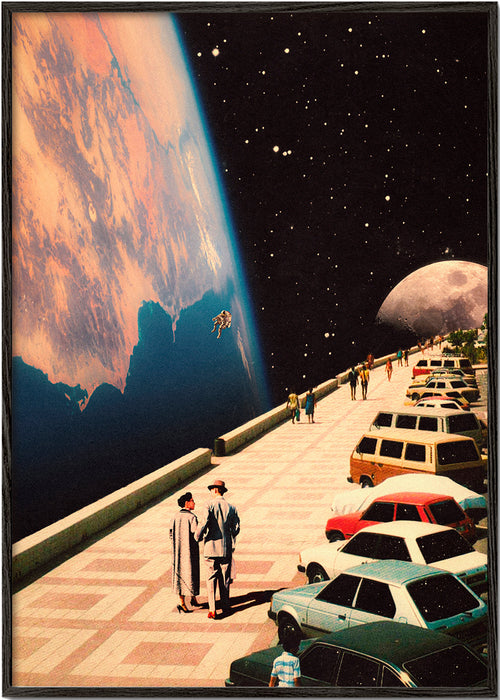 Vintage poster ruimtepromenade met retroauto's