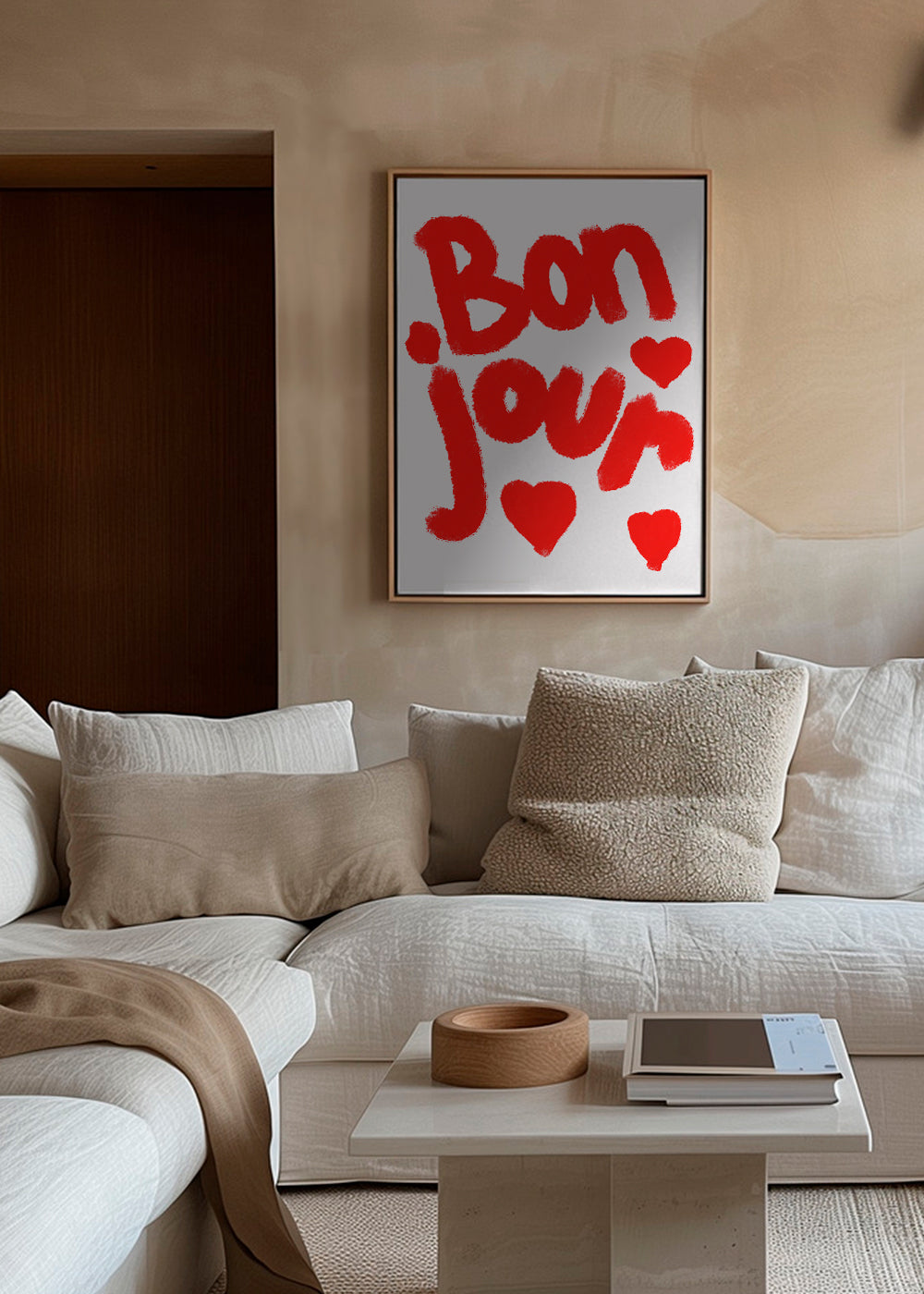 Illustratie 'Bonjour' met rode harten