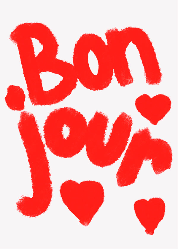 Illustratie 'Bonjour' met rode harten