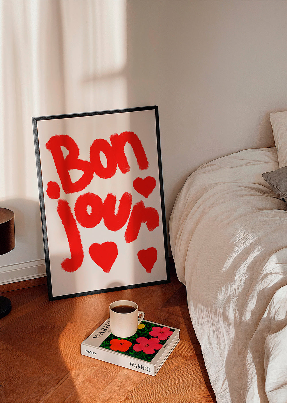 Illustratie 'Bonjour' met rode harten