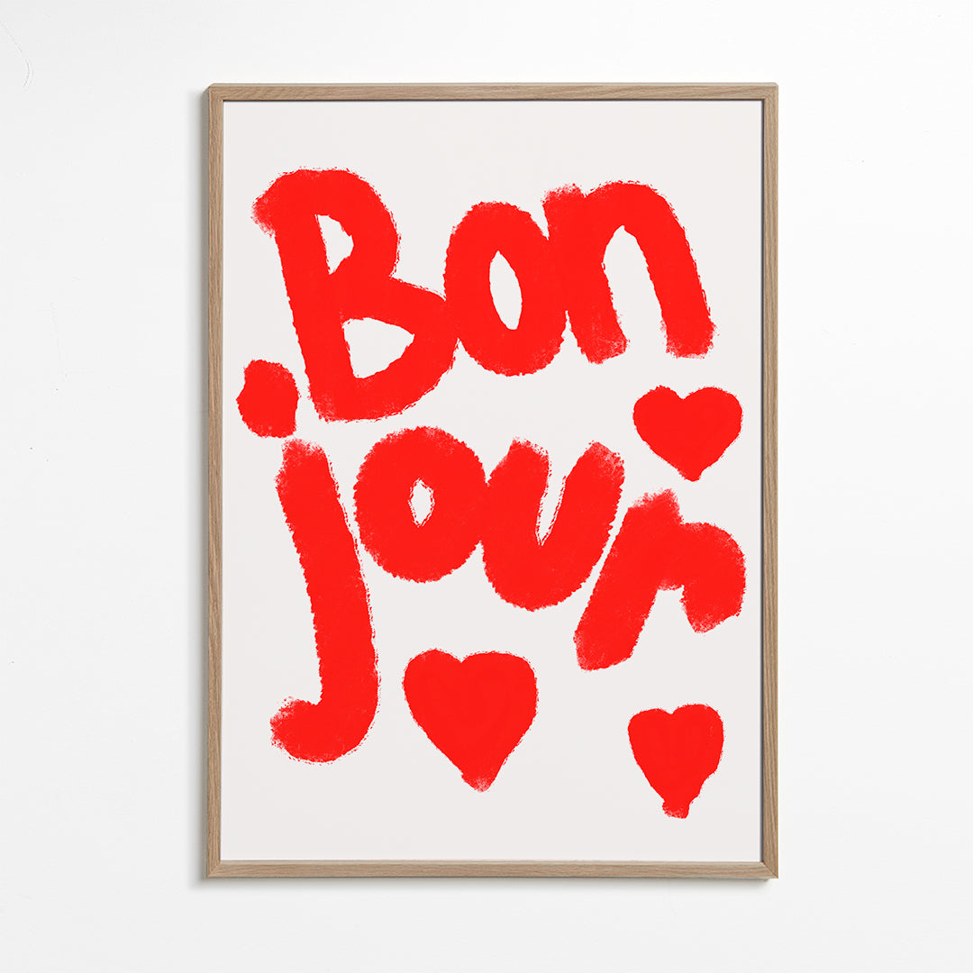 Illustratie 'Bonjour' met rode harten
