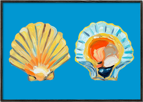 Illustratie met Sint-jakobsschelpen op blauwe achtergrond