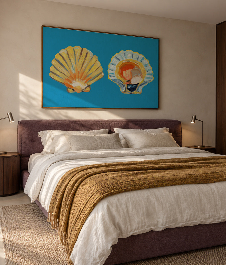 Scallops On Blue - Framed canvas in an interior