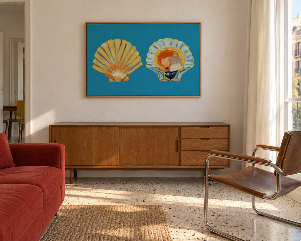Scallops On Blue - Framed canvas in an interior