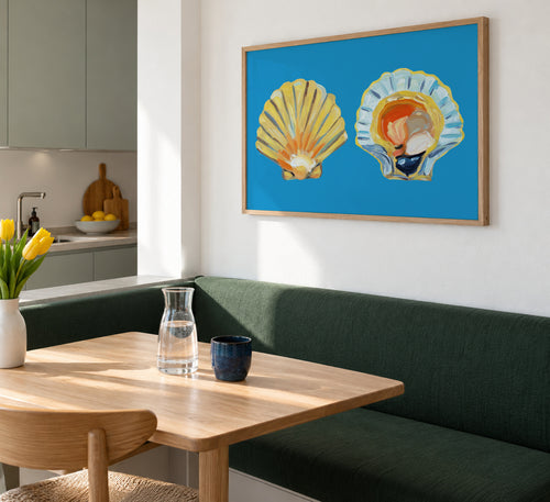 Scallops On Blue - Framed poster in an interior