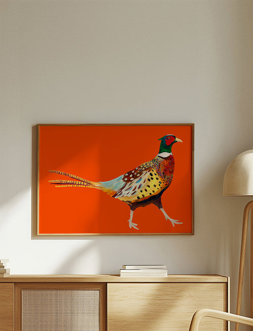 Kunstwerk fazant op oranje achtergrond