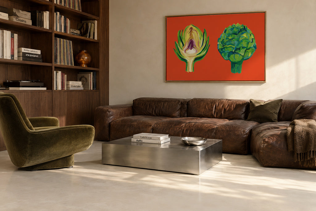 Artichokes On Orange - Framed canvas in an interior