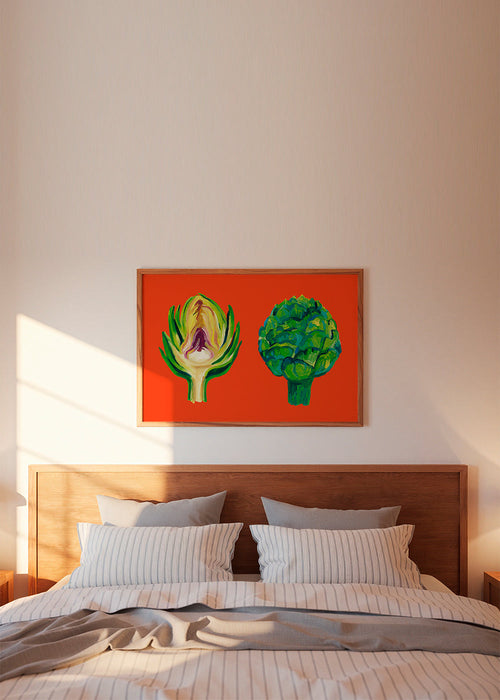 Keuken kunst met artisjokken op oranje achtergrond