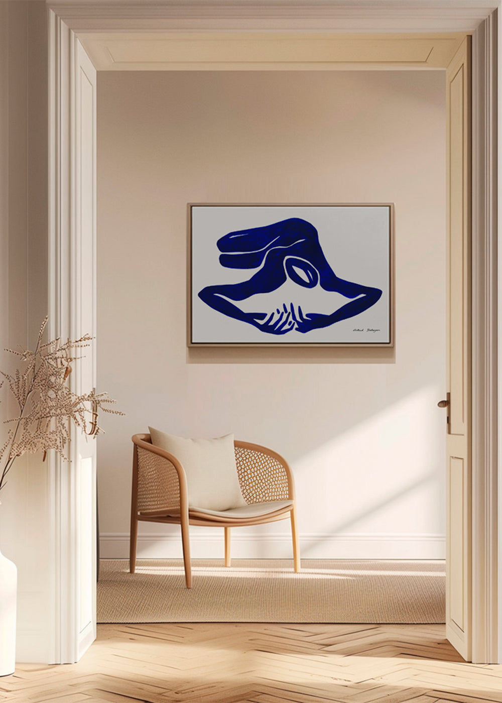 Abstract werk: blauwe gebarenfiguur