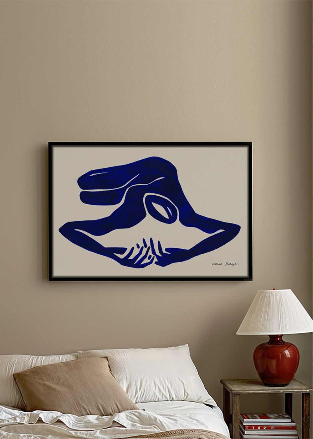 Abstract werk: blauwe gebarenfiguur