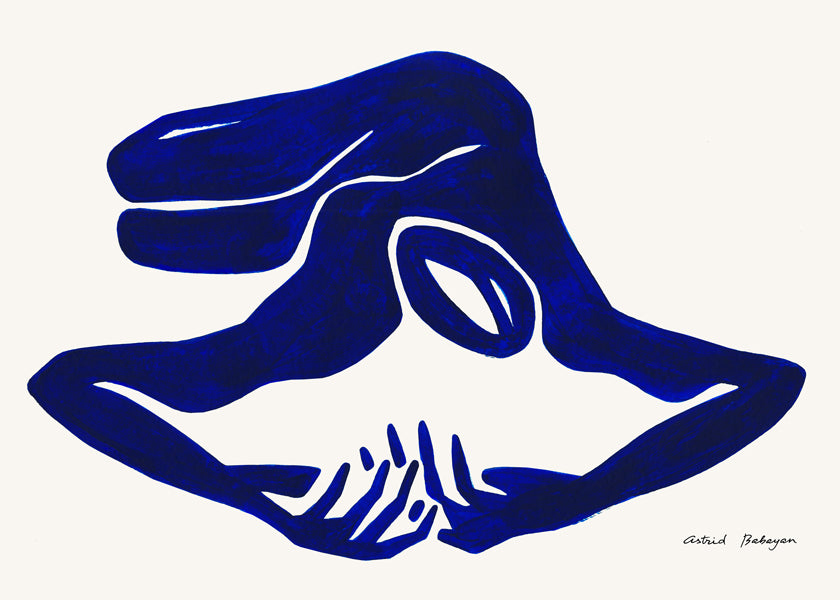 Abstract werk: blauwe gebarenfiguur