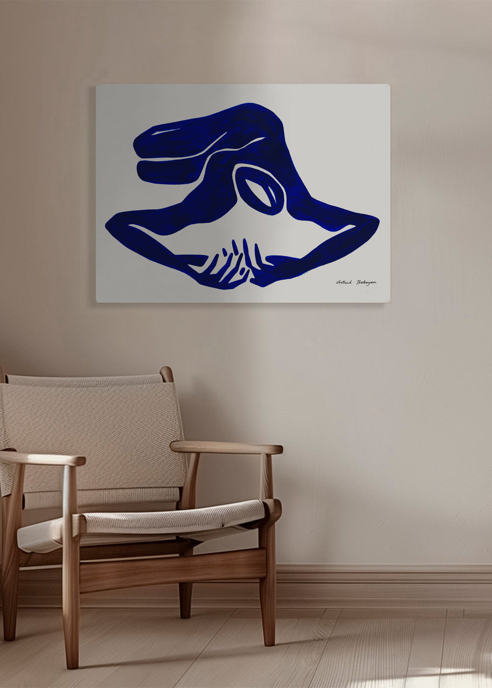 Abstract werk: blauwe gebarenfiguur