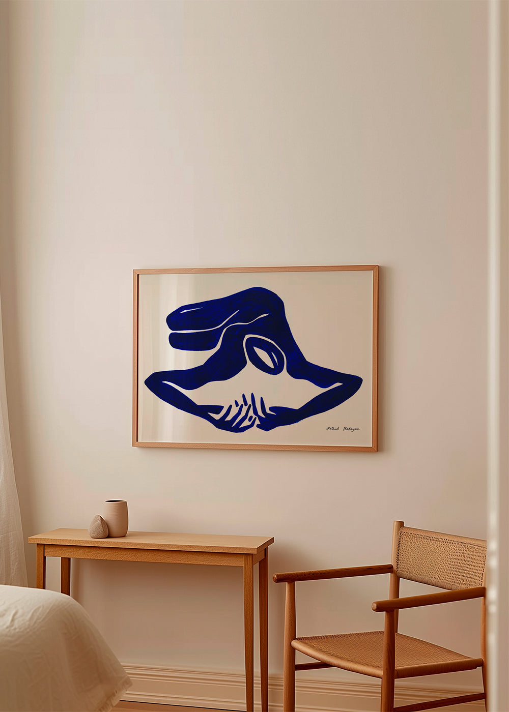Abstract werk: blauwe gebarenfiguur