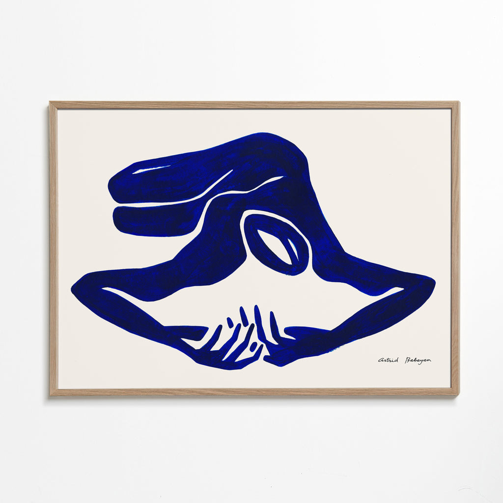 Abstract werk: blauwe gebarenfiguur