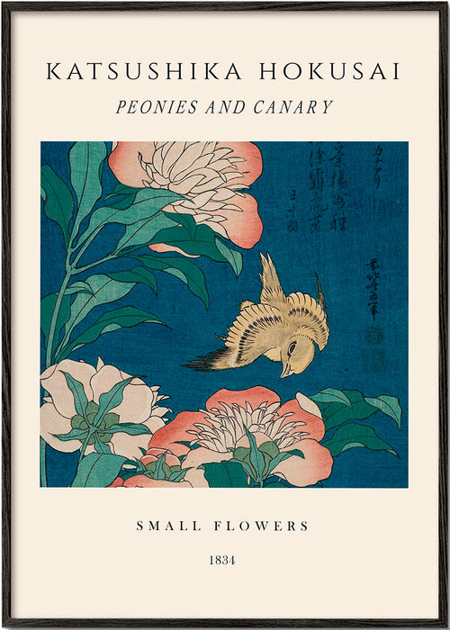 Botanische poster met pioenrozen en kanarie