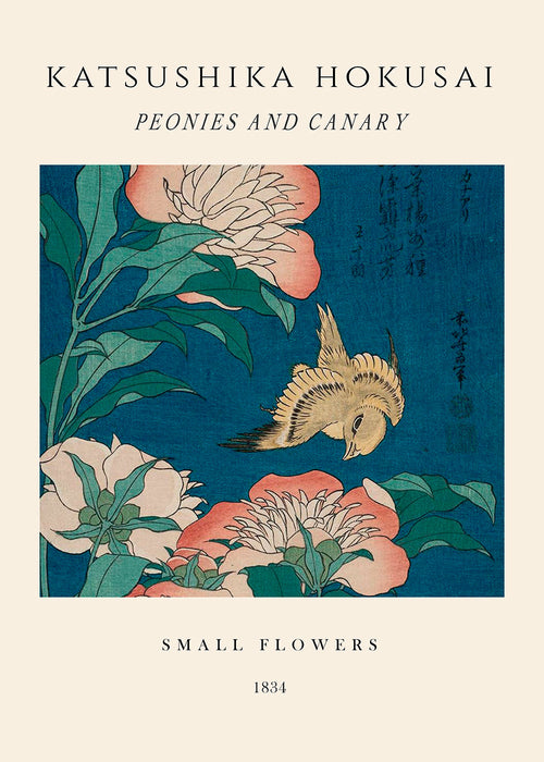Botanische poster met pioenrozen en kanarie