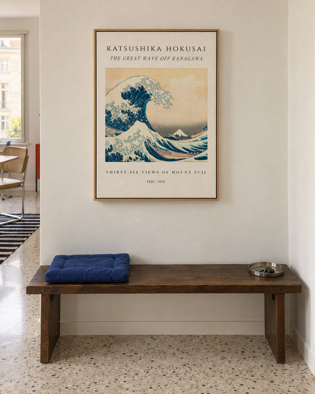 The Great Wave of Kanagawa Exhibition White - Katsushika Hokusai - Framed canvas in an interior