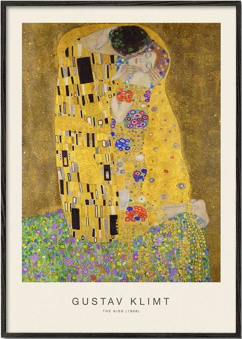 Vintage poster De Kus in goud met bloemmotieven