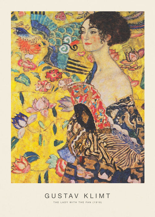 Vintage print: dame met waaier en bloemmotieven
