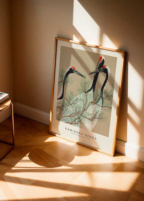 Artwork Japanse kraanvogels tussen dennen