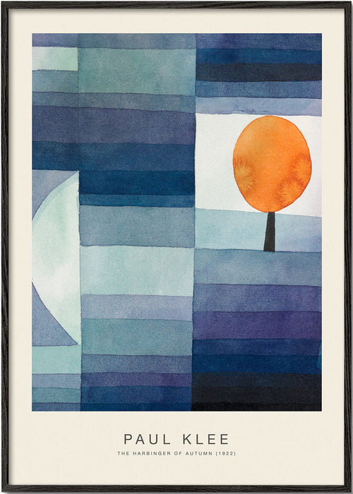 Abstract kunstwerk met oranje boom en blauwe strepen