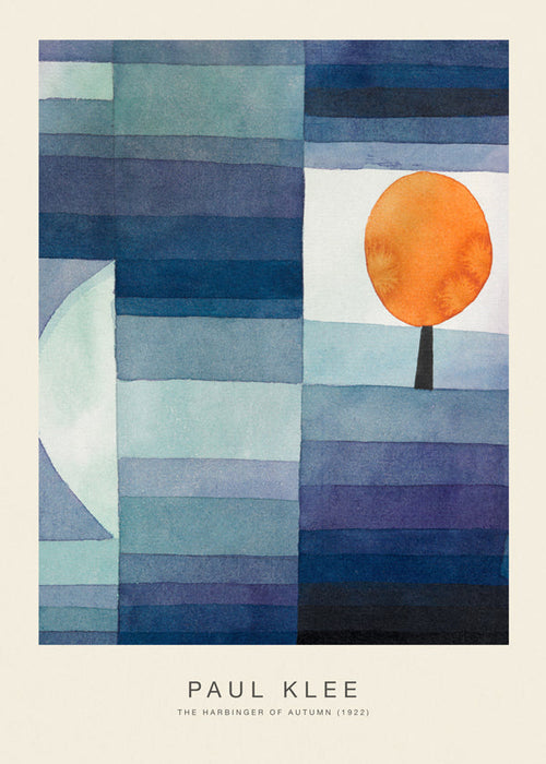 Abstract kunstwerk met oranje boom en blauwe strepen