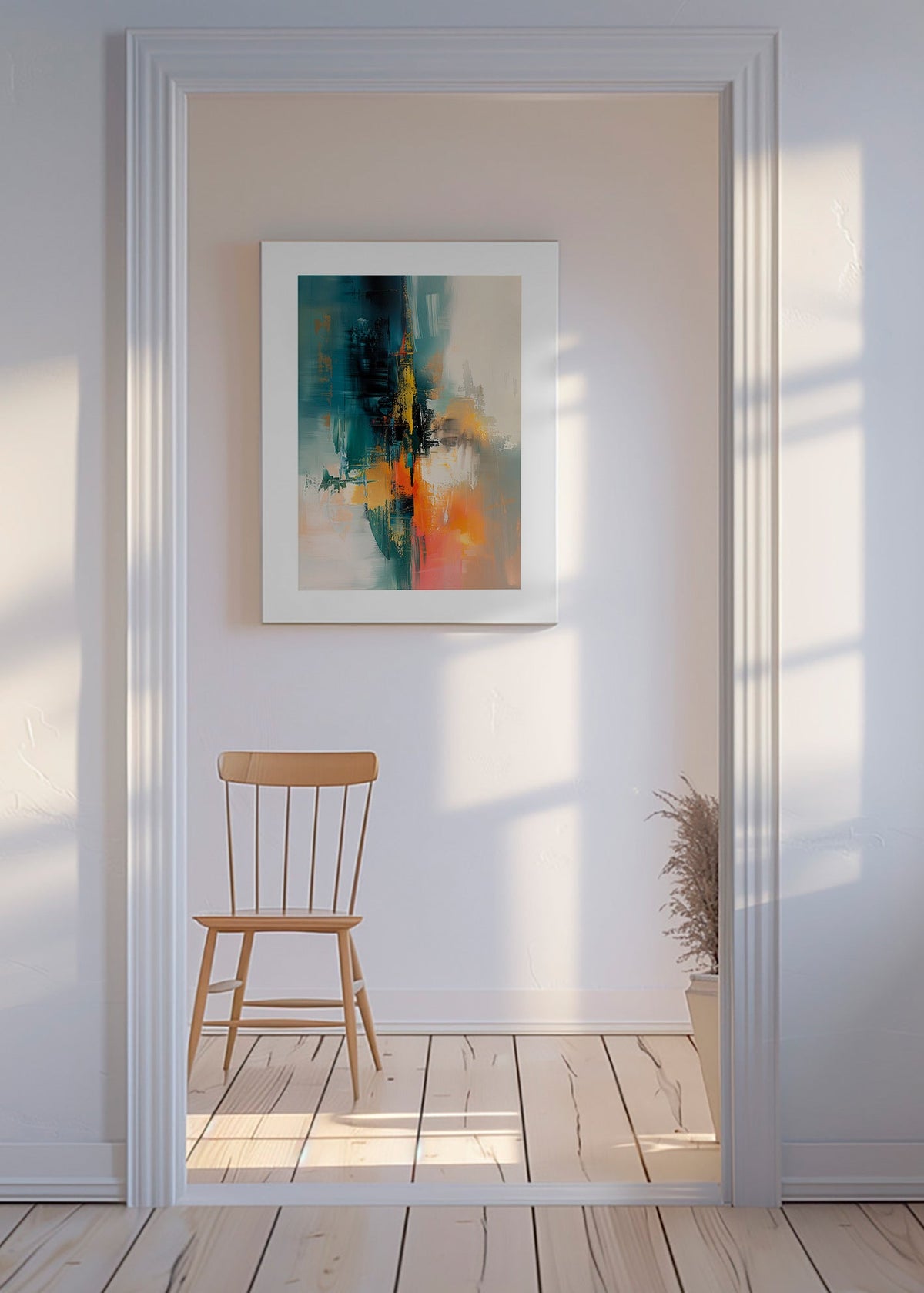 Abstraktes Bild vertikal mit blau-orangen Pinselstrichen – Canvas