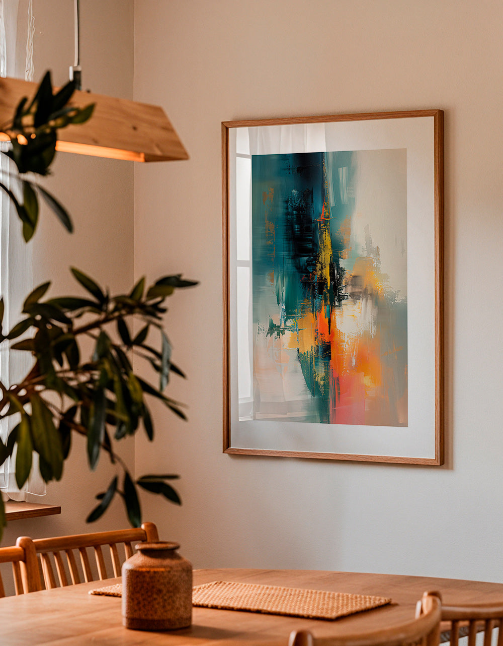 Abstraktes Bild vertikal mit blau-orangen Pinselstrichen – Product2