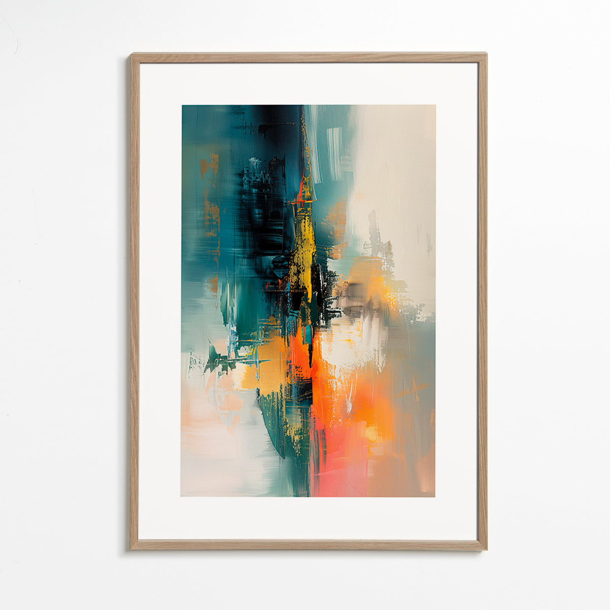 Abstraktes Bild vertikal mit blau-orangen Pinselstrichen – Oak Frame