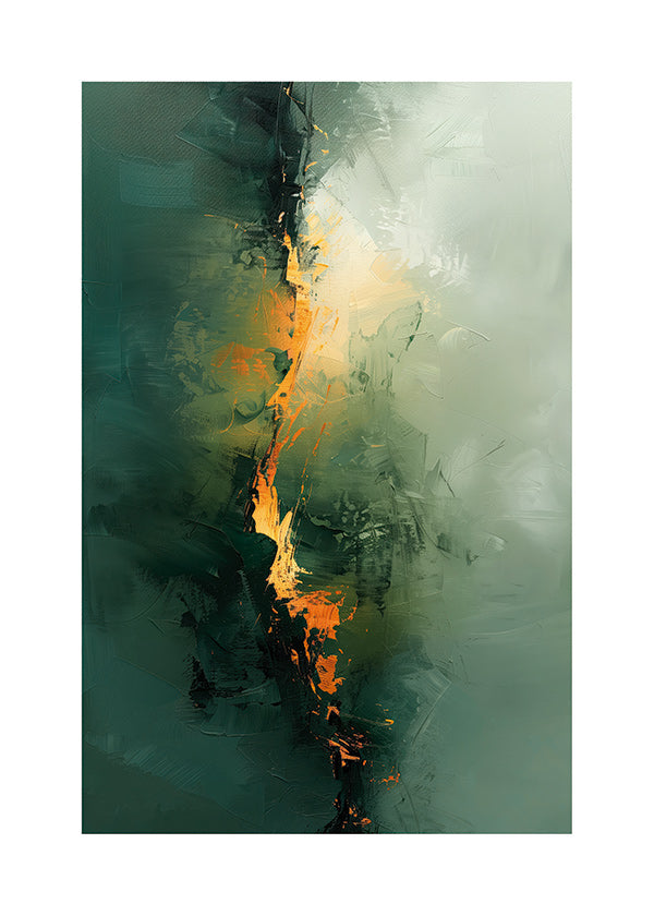 Œuvre abstraite verticales en vert et accents orange