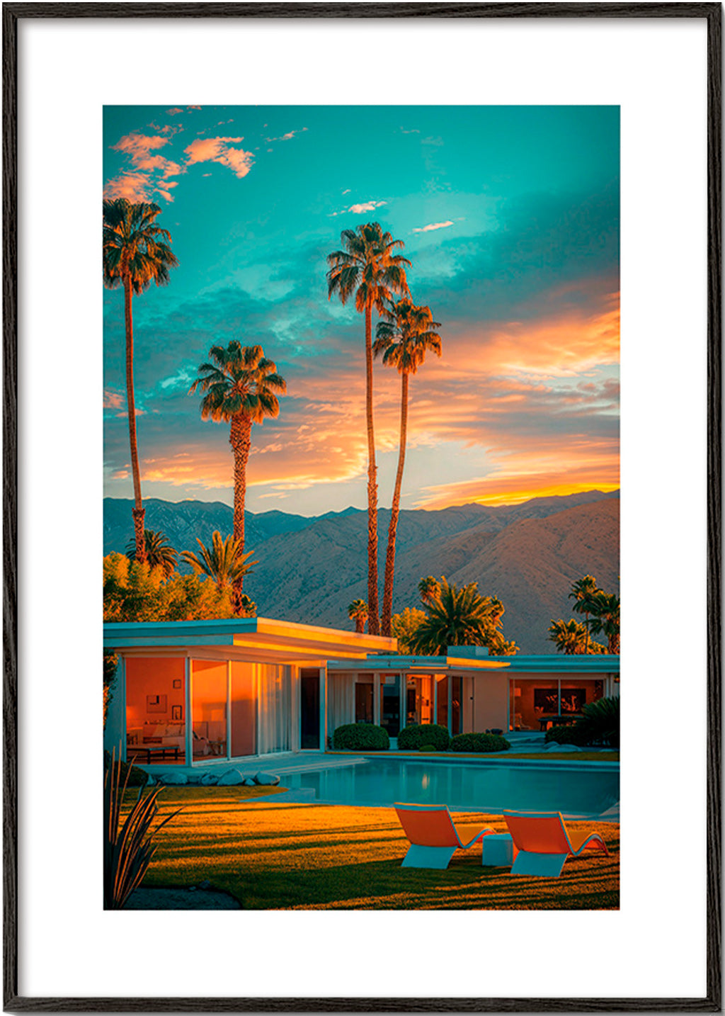 Tableau de paysage: coucher de soleil et palmiers – Black Frame