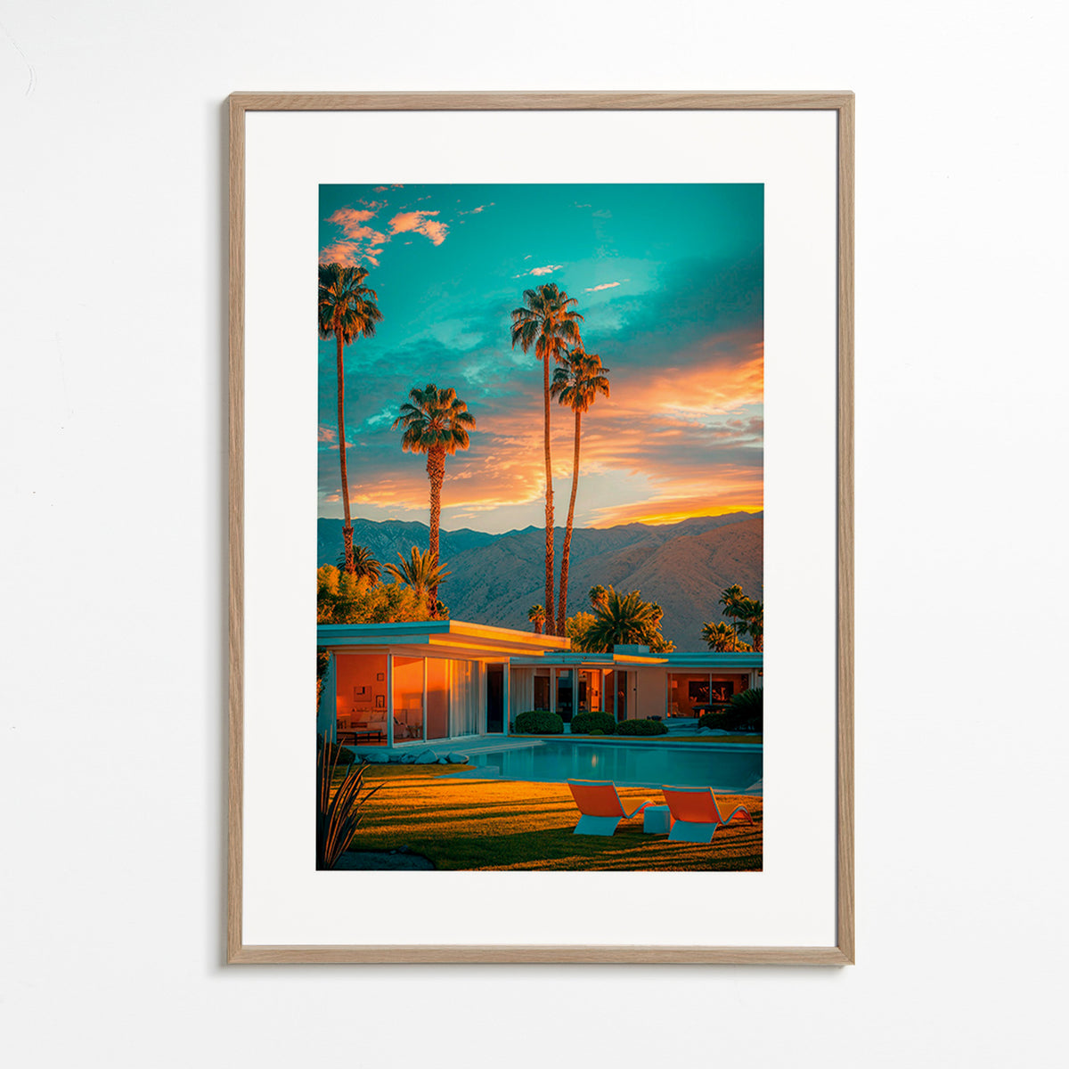 Tableau de paysage: coucher de soleil et palmiers – Oak Frame