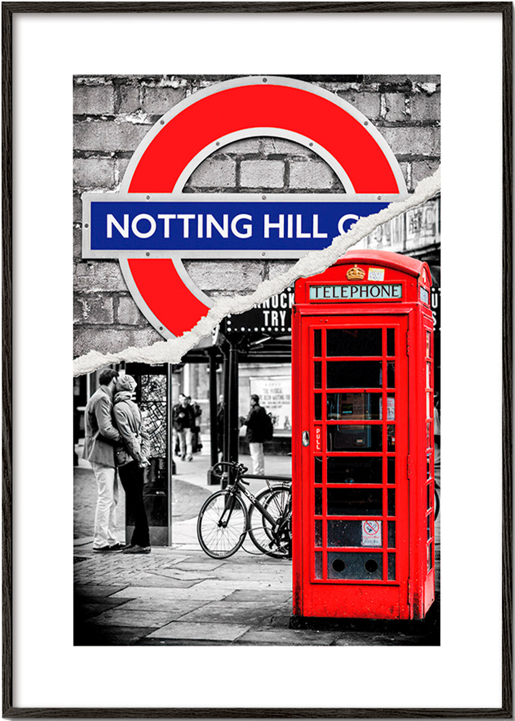 Keuken kunst? Stadskunst met rode telefooncel Notting Hill – Black Frame