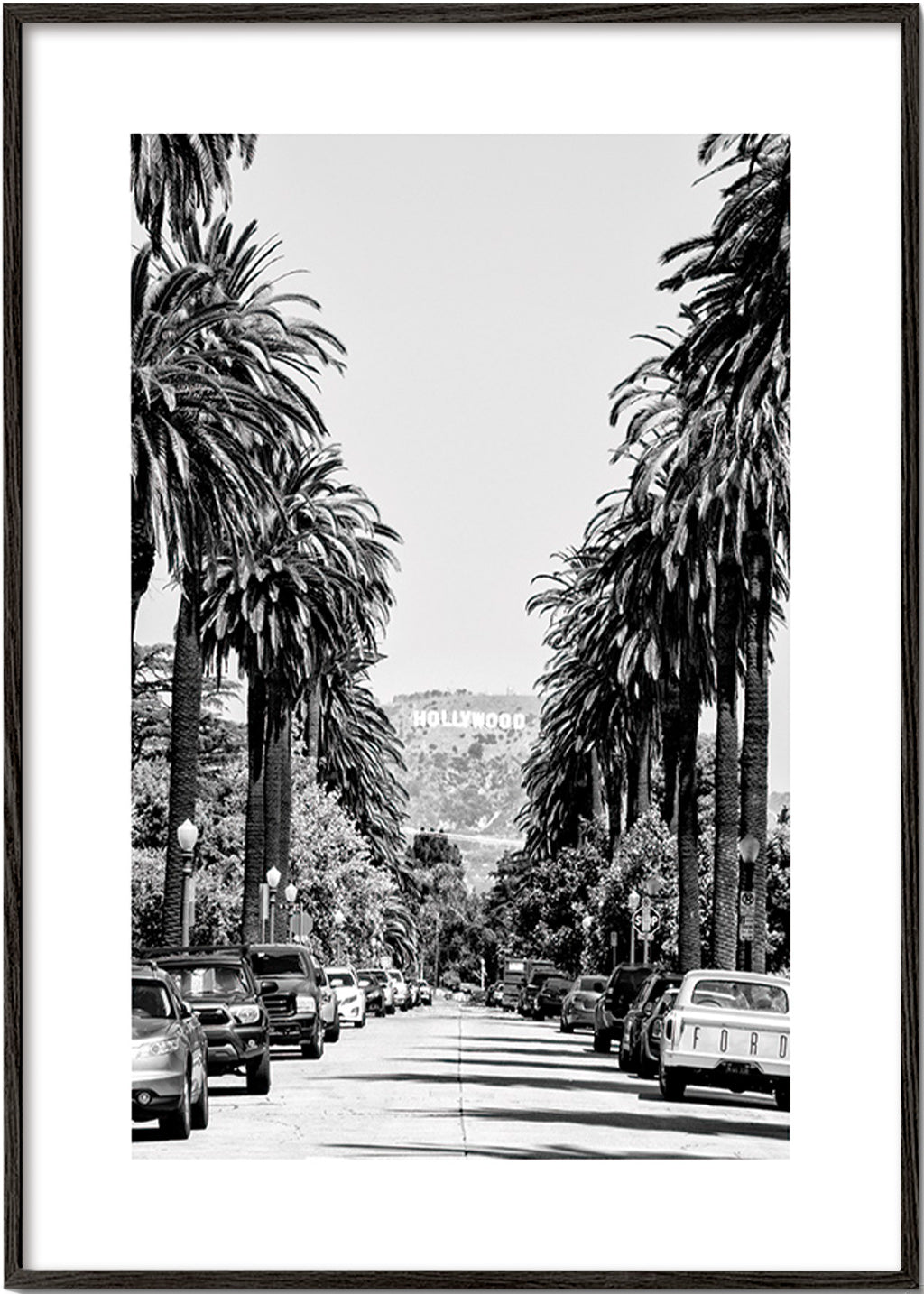 Reisposter Hollywood palmenstraat in zwart-wit – Black Frame