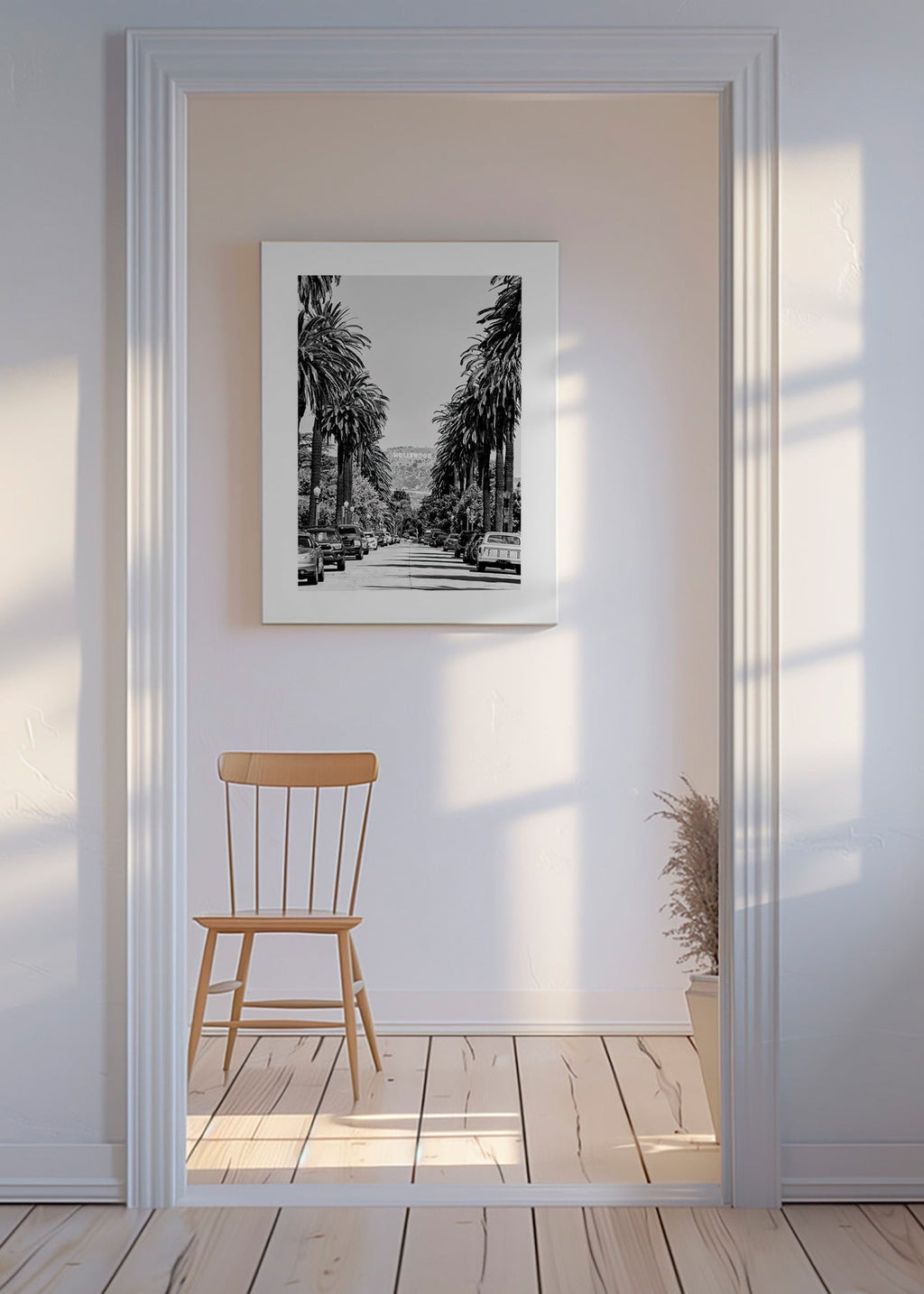 Reisposter Hollywood palmenstraat in zwart-wit – Canvas