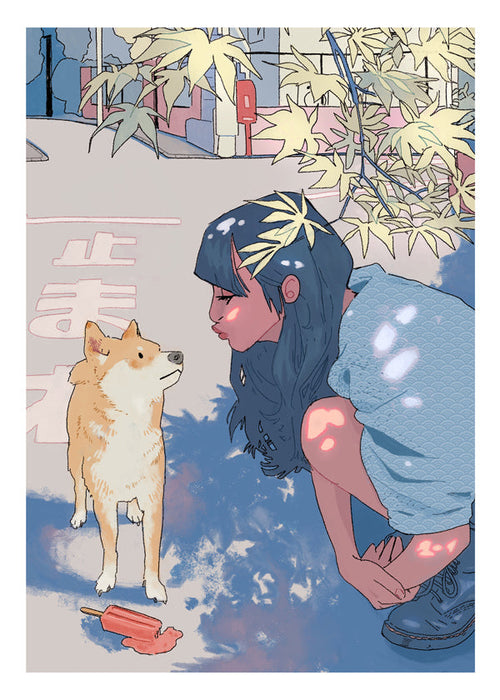 Illustratie meisje met shiba