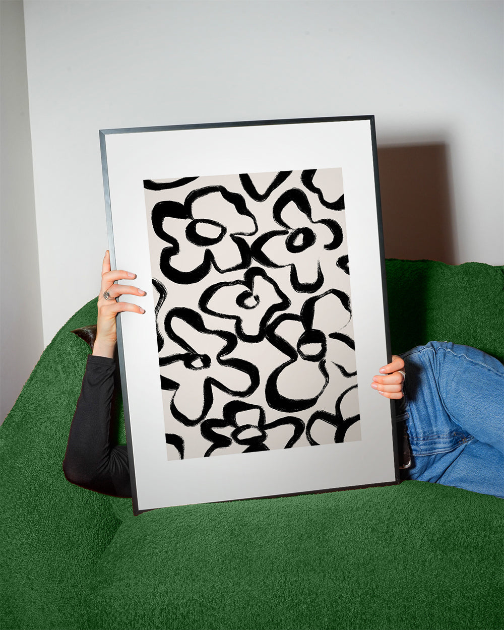 Botanische print met zwarte bloemstreken