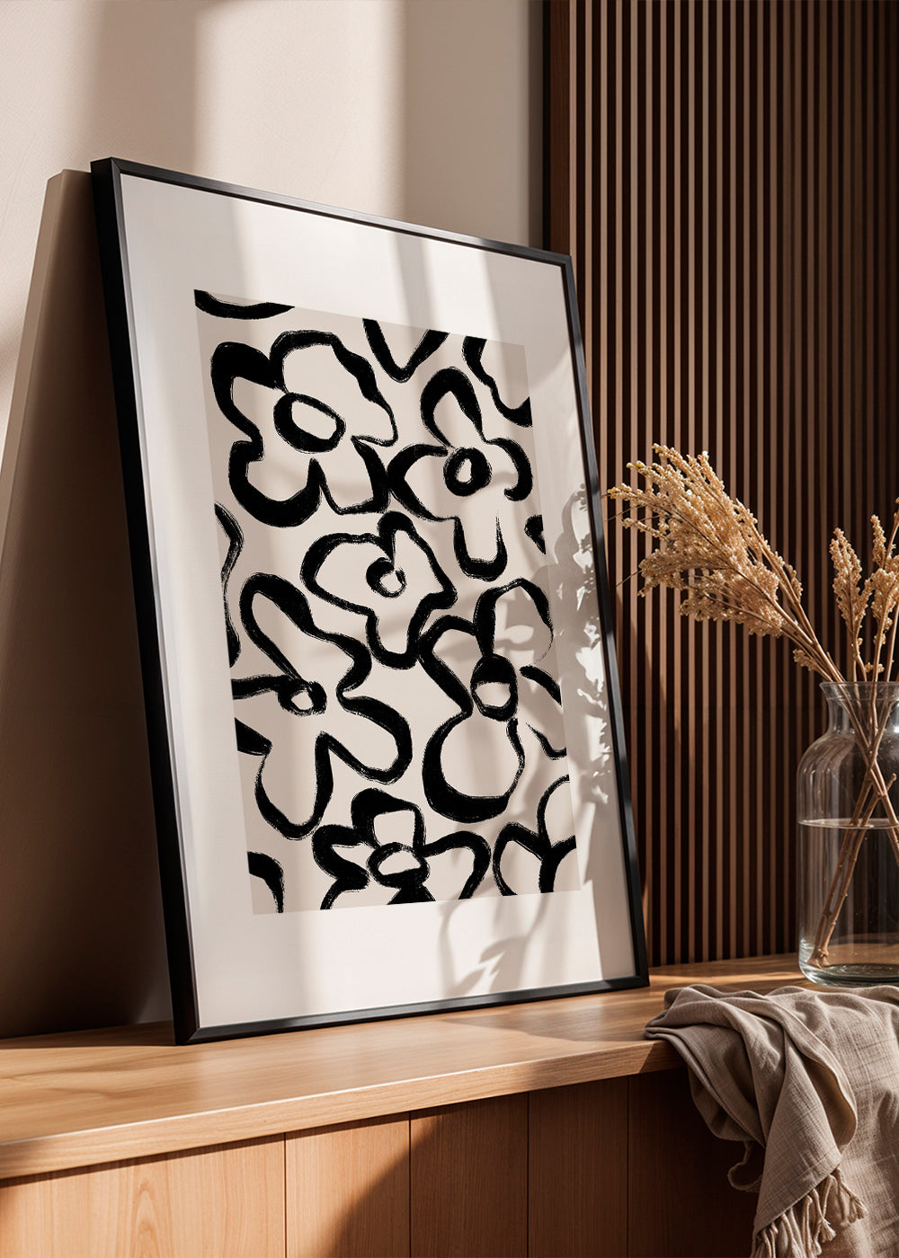 Botanische print met zwarte bloemstreken