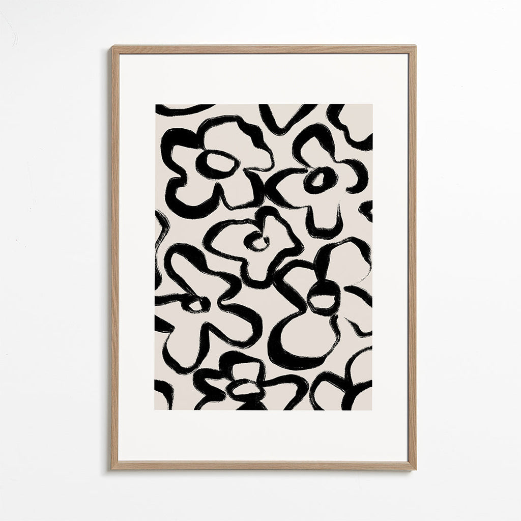 Botanische print met zwarte bloemstreken