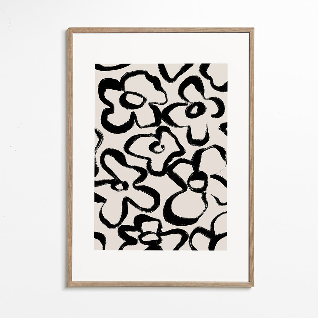 Botanische print met zwarte bloemstreken