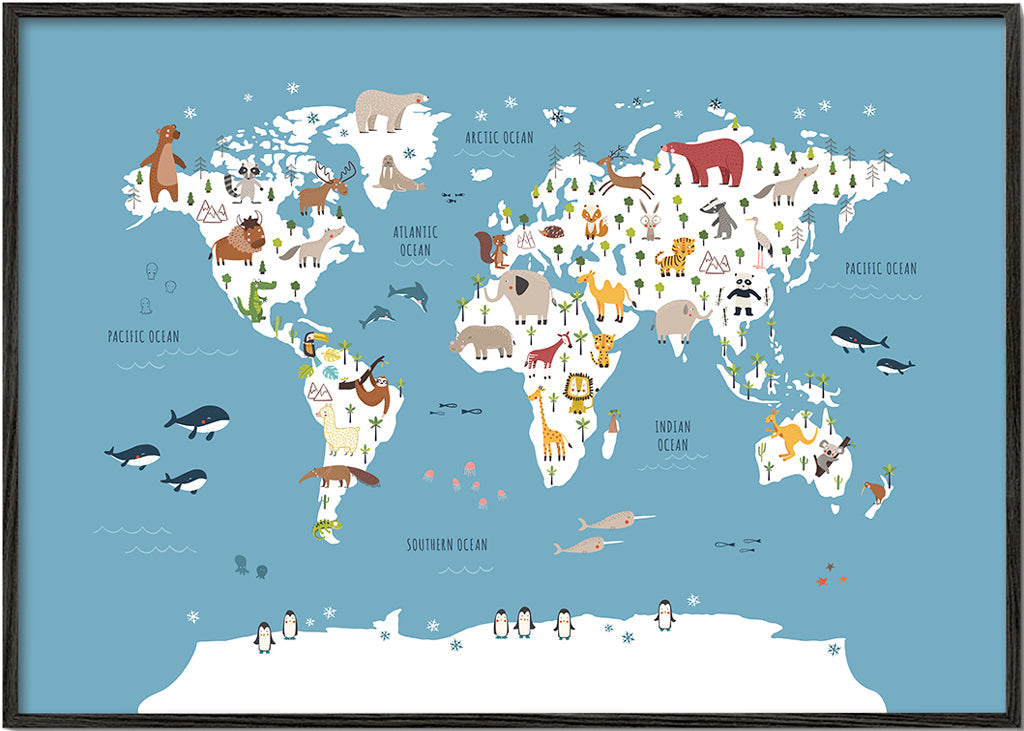 Travel poster: geïllustreerde wereldkaart met dieren