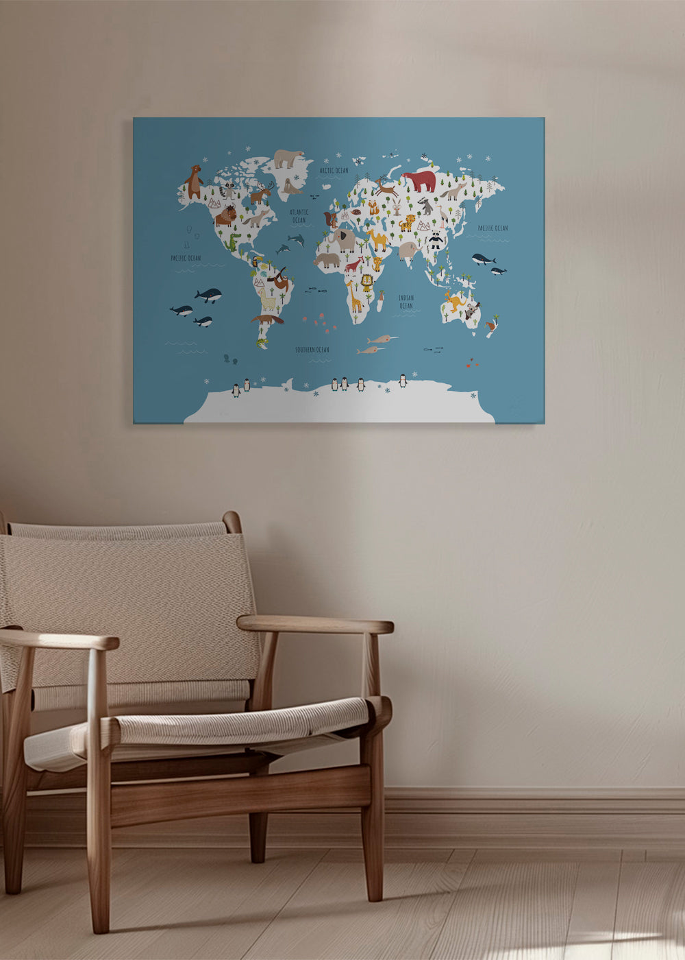 Travel poster: geïllustreerde wereldkaart met dieren