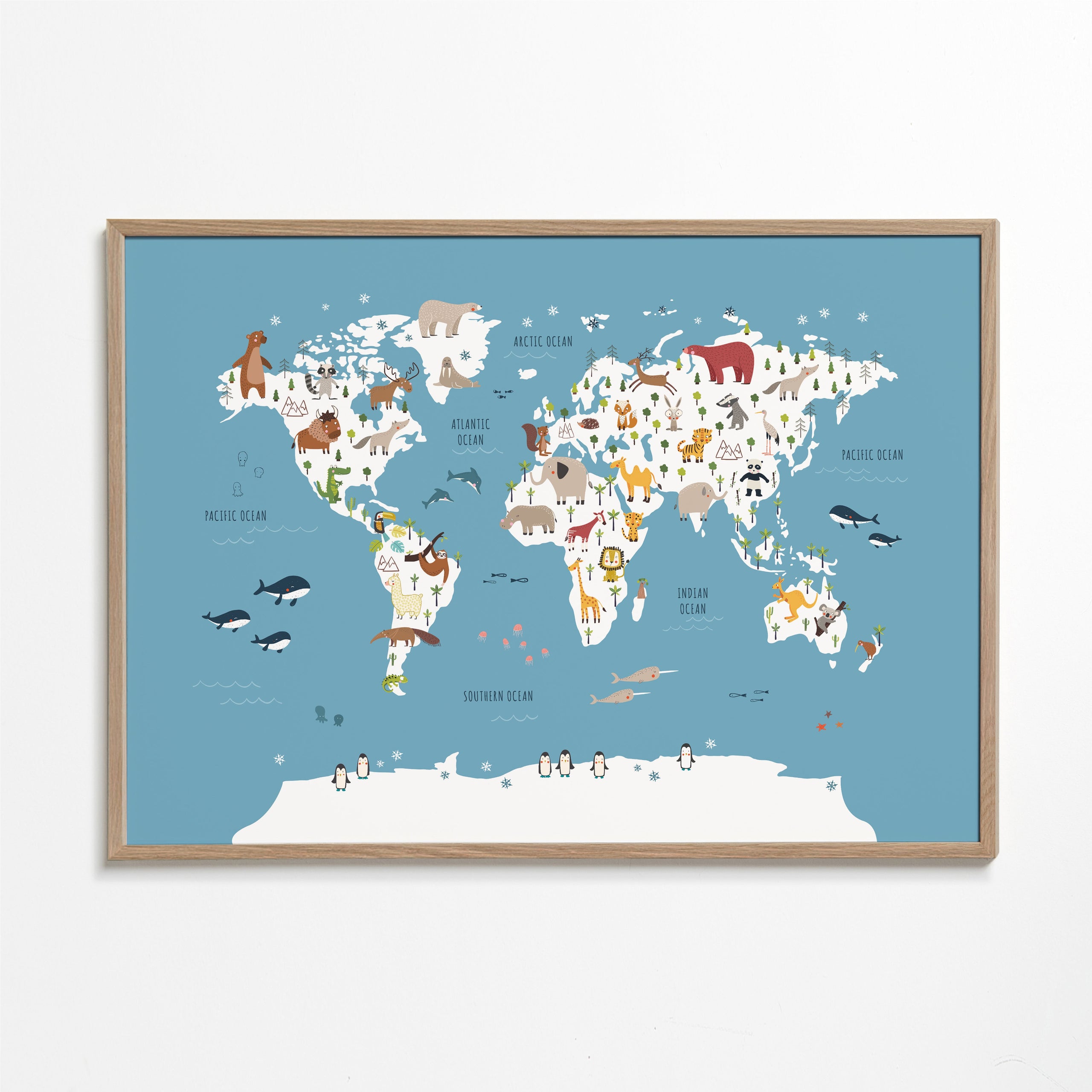 Travel poster: geïllustreerde wereldkaart met dieren