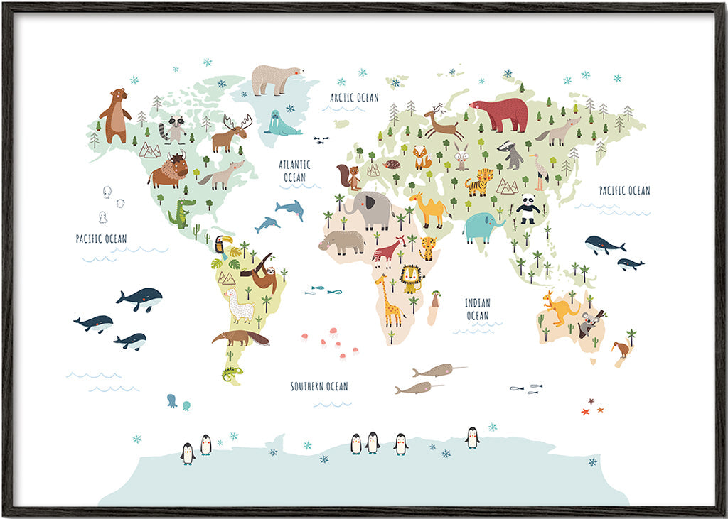 Keuken kunst: wereldkaart met geïllustreerde dieren