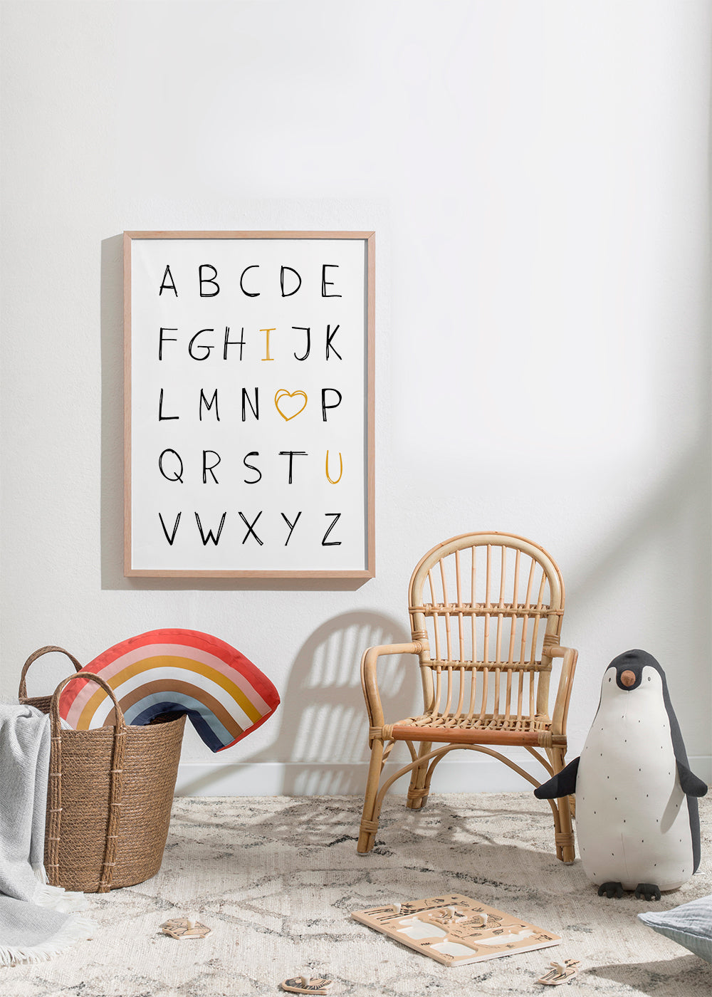 Illustratie handgeschreven alfabet met geel hart