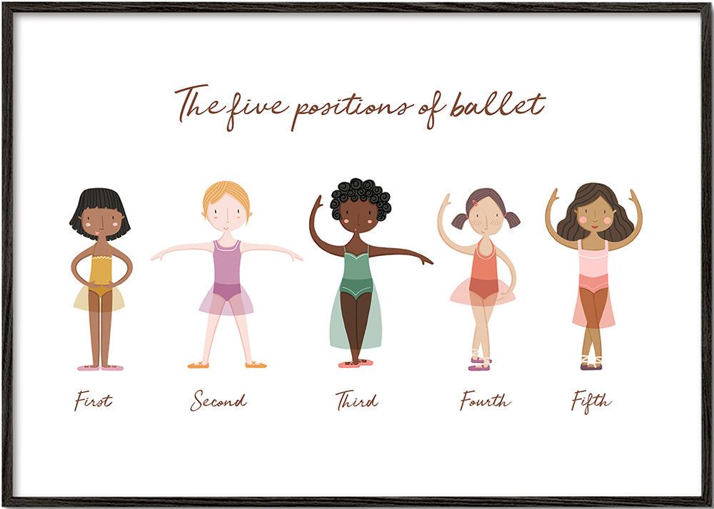 Kinderprint: vijf balletposities speelse illustratie