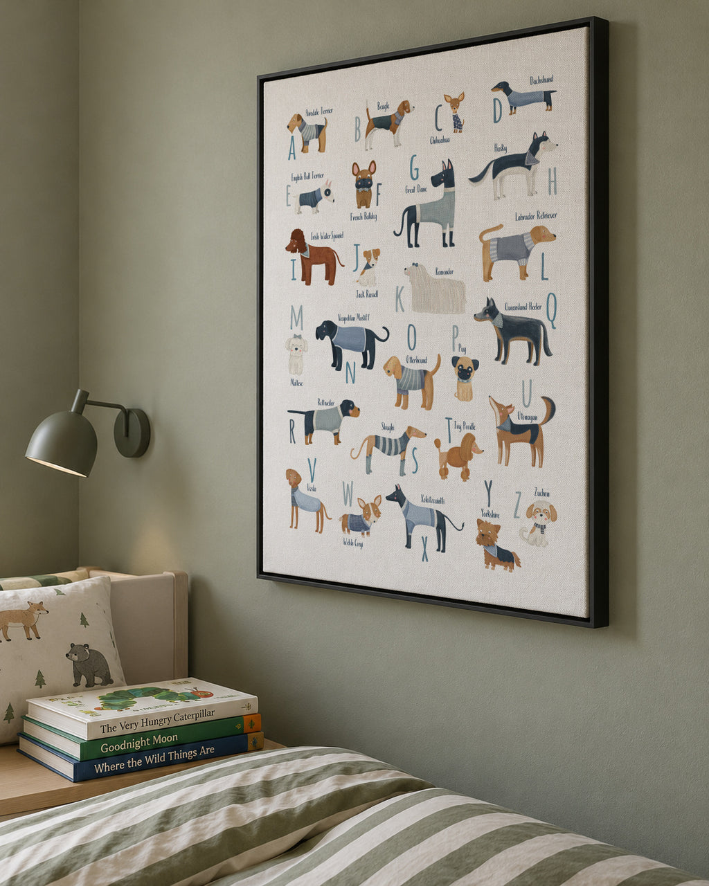 Abecedario con perros (azul) - Framed canvas in an interior