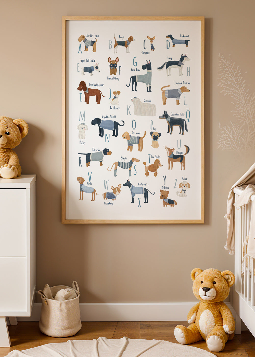 Abecedario con perros (azul) - Framed poster in an interior